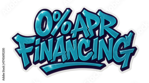 Glossy tag sticker with 0% APR FINANCING in bold graffiti style, enticing retail offer promo on transparent background.