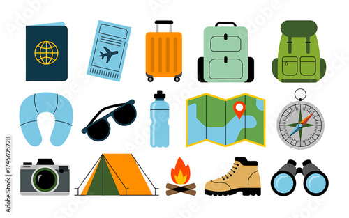 Travel and Adventure Vector Illustration with Passport Ticket Suitcase Backpack Compass Map and Camping Equipment for Outdoor Vacation Planning