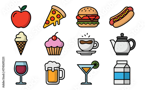 Collection of colorful and appealing food and drink icons for menus and restaurant designs promoting healthy and indulgent choices