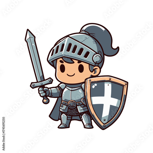 Cartoon knight character holding a sword and shield, standing proudly in a simple, playful style