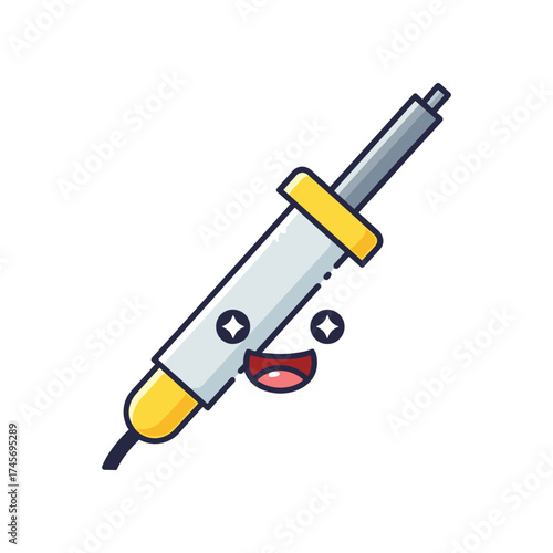 Cartoon illustration of a happy soldering iron with a smiling face and bright colors, suitable for educational content