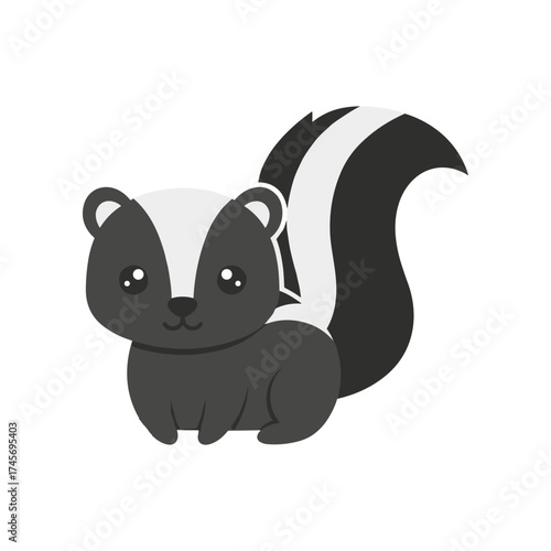 Cute cartoon skunk character sitting playfully on a white background, ideal for children's illustrations
