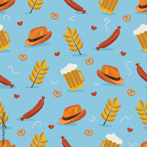 Seamless Oktoberfest vector pattern featuring beer mugs, sausages, pretzels, orange hats, wheat stalks, and red hearts on a light blue background ideal for seasonal decorations, and packaging.