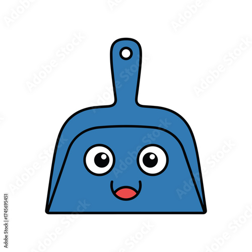 Cartoon illustration of a smiling blue dustpan with large eyes, set against a plain background