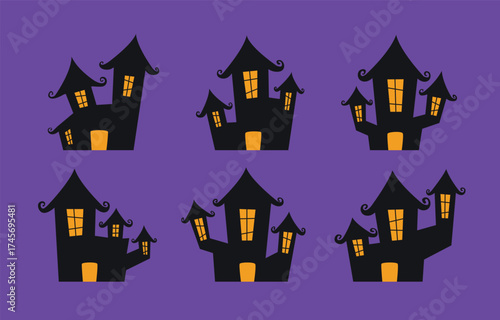 Whimsical Halloween vector illustration featuring six stylized haunted houses with exaggerated architecture on purple background Ideal for seasonal decorations, and spooky themed designs.