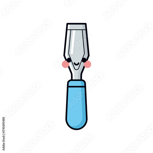 Cartoon illustration of a smiling chisel tool with a blue handle, showcasing craftsmanship