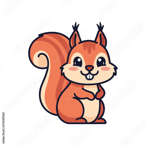 Cute cartoon squirrel standing cheerfully with a bushy tail, set against a simple background