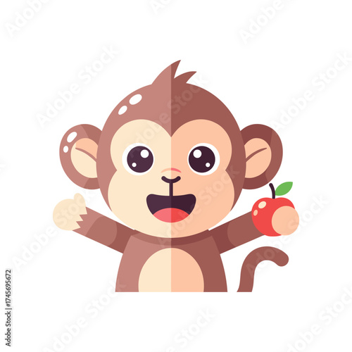 Cartoon monkey character happily holding an apple, showcasing joy and playfulness in a simple design