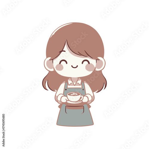 Cheerful barista holding a cup of coffee in a cozy café setting with soft colors