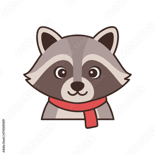 Cartoon raccoon character wearing a red scarf, smiling brightly against a plain background