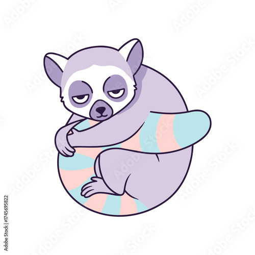 Cartoon sloth curled around a pastel-colored pillow, relaxing in a serene environment