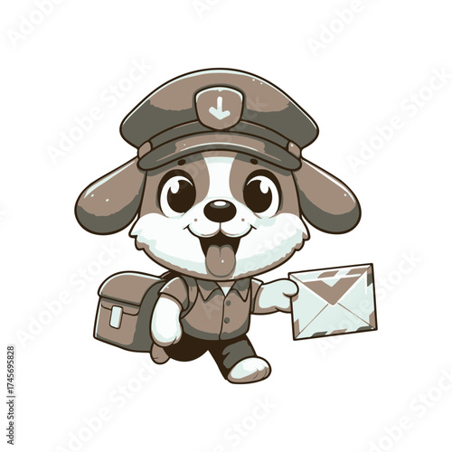 Cheerful cartoon dog delivering a letter, set against a simple white background, ideal for children's media