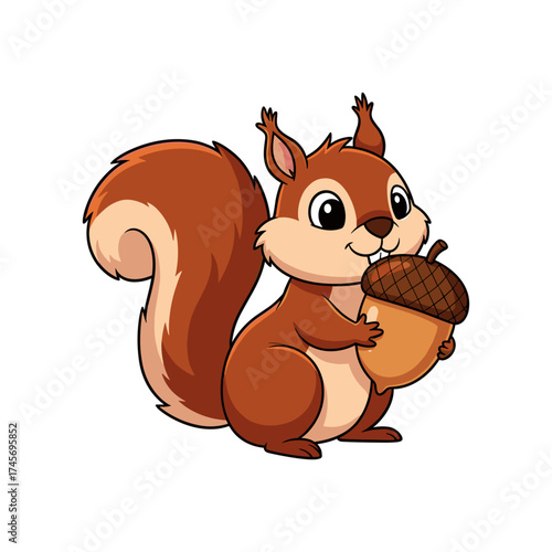 Cartoon squirrel holding an acorn, cheerful expression, white background, ideal for children's illustrations