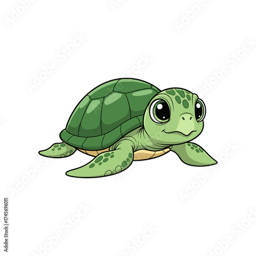 Cute cartoon turtle swimming happily in a clear ocean, with colorful coral reefs in the background