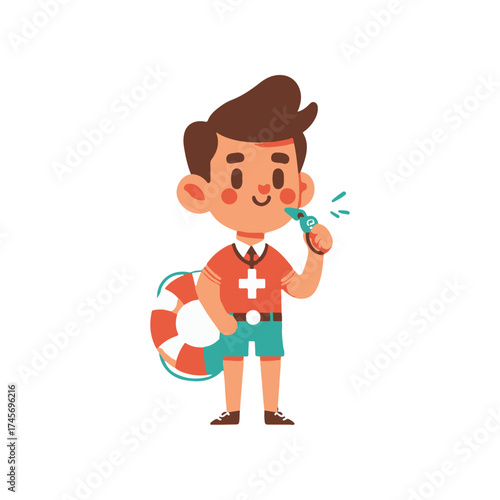 Cheerful lifeguard blowing a whistle by the poolside, ready to ensure safety and fun