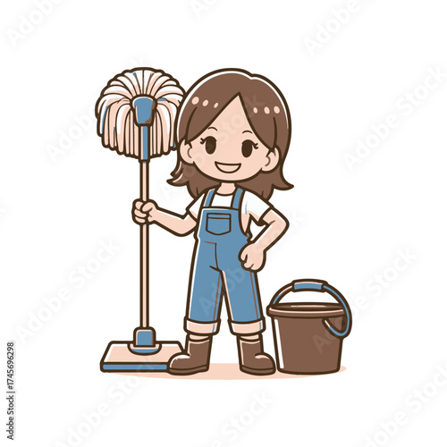 Cheerful person with a mop and bucket, ready to clean in a bright, minimalistic setting