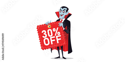 A cartoon vampire with a cape and fangs holds a bright red sign advertising a 30 percent off sale.
