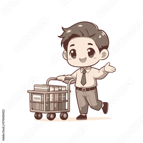 Cheerful young man in a business outfit happily pushing a shopping cart filled with books