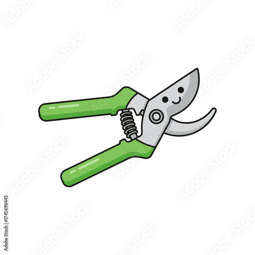 Cartoon-style gardening shears with a smiling face, set against a plain white background, ideal for gardening themes