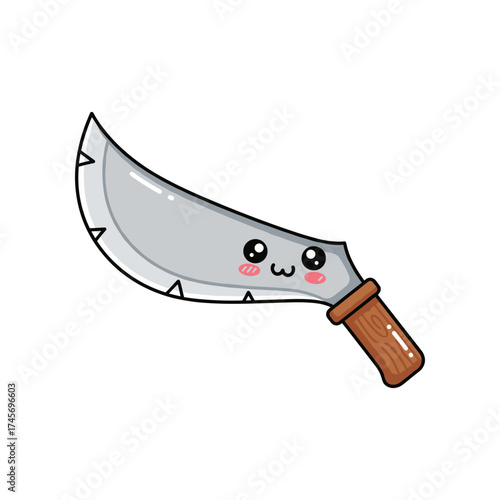 Cute cartoon-style machete with a smiling face and blushing cheeks on a white background