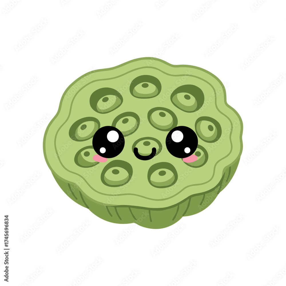 Fototapeta premium Cute green dessert with smiling face and large eyes, set against a plain background