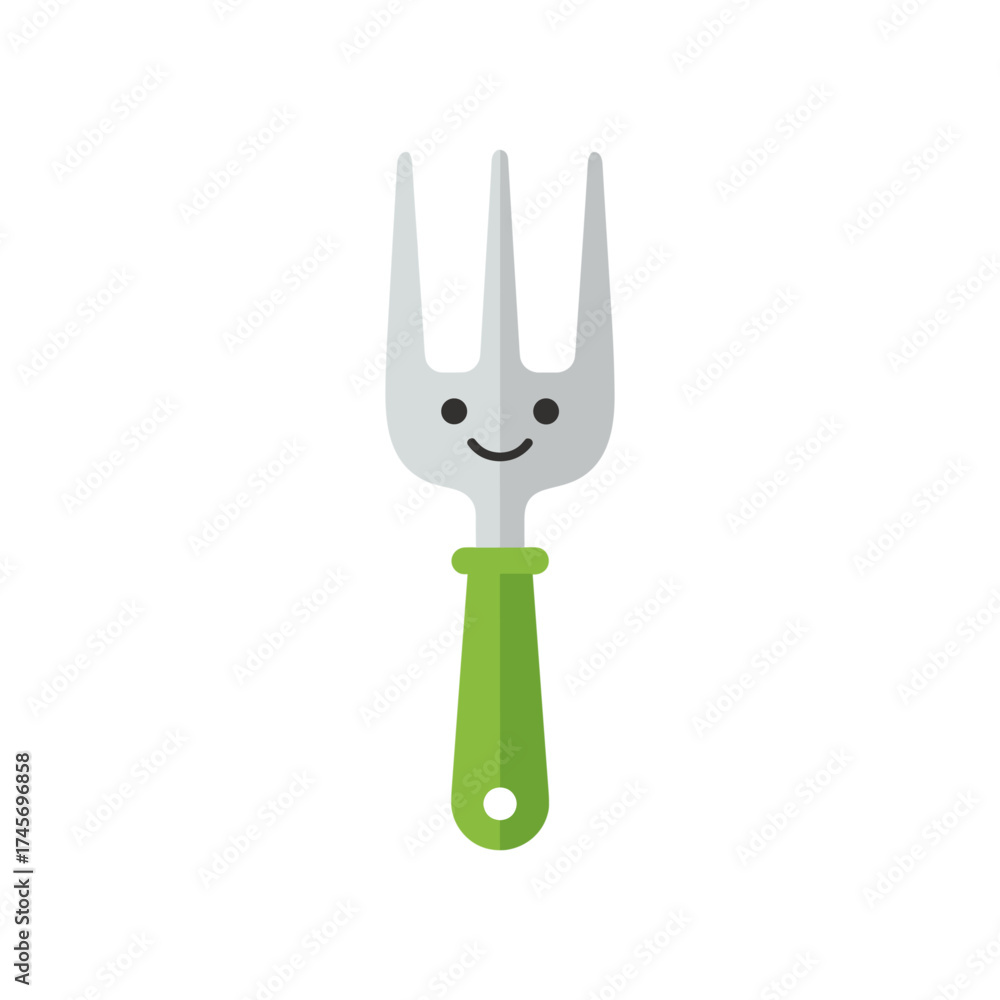 Fototapeta premium Cartoon-style smiling garden fork with a green handle, set against a plain white background
