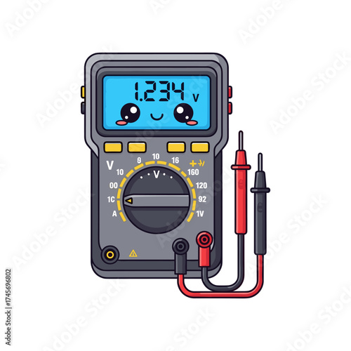 Cute digital multimeter displaying voltage with cheerful face and colorful probes on a plain background