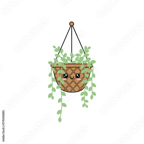 Cute hanging planter with smiling face, adorned with lush green vines, brightening up indoor space