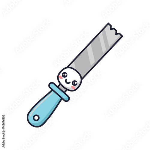 Cartoon-style smiling hand saw with a blue handle, isolated on a white background