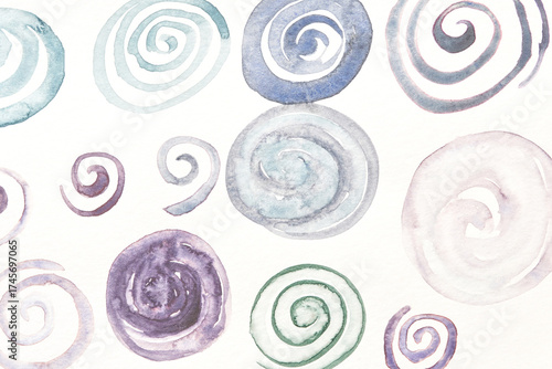 Abstract watercolor spirals pattern in soft pastel shades on white background.