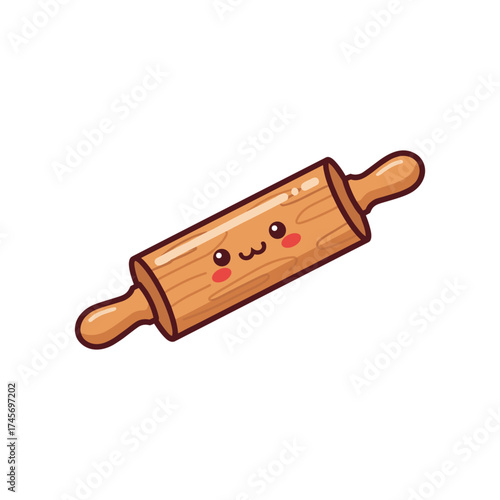 Cute wooden rolling pin with a smiling face, set against a white background, ideal for baking themes