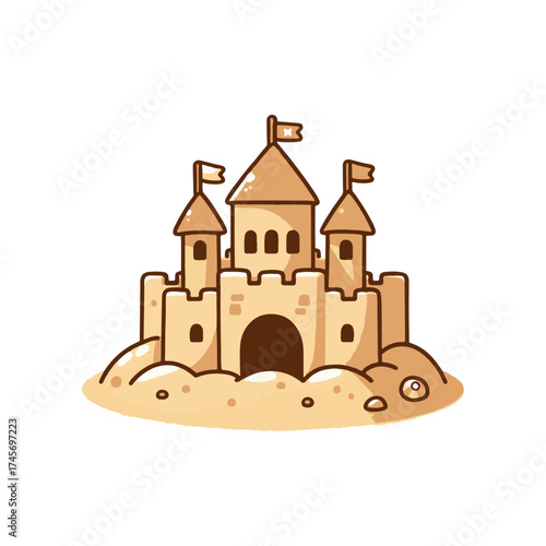 Colorful sandcastle with flags on a beach, surrounded by soft sand and a clear sky