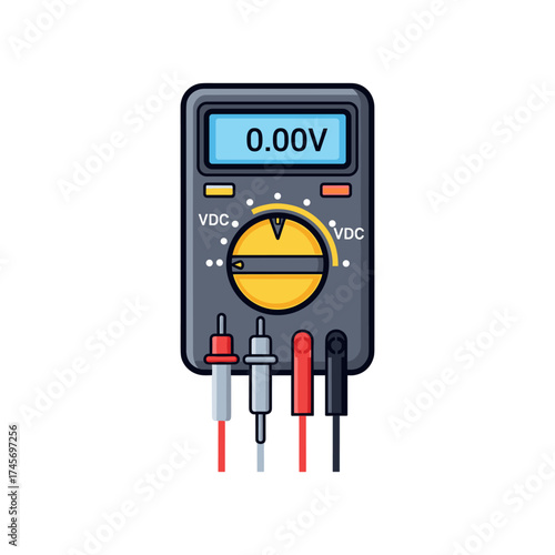 Digital multimeter displaying zero voltage with test leads connected, isolated on a white background