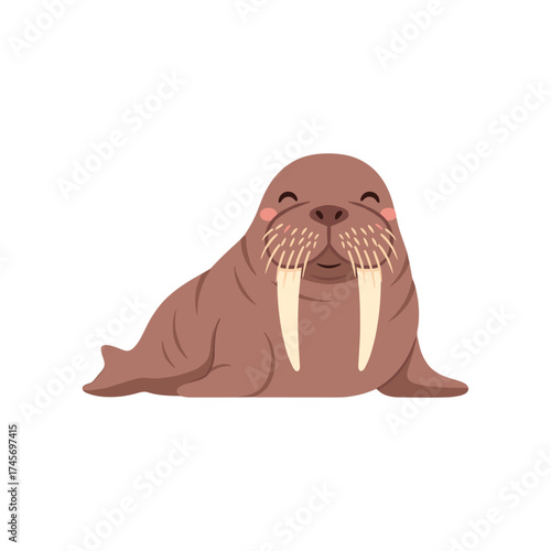 Happy walrus lounging on a beach, with gentle waves and a clear sky in the background