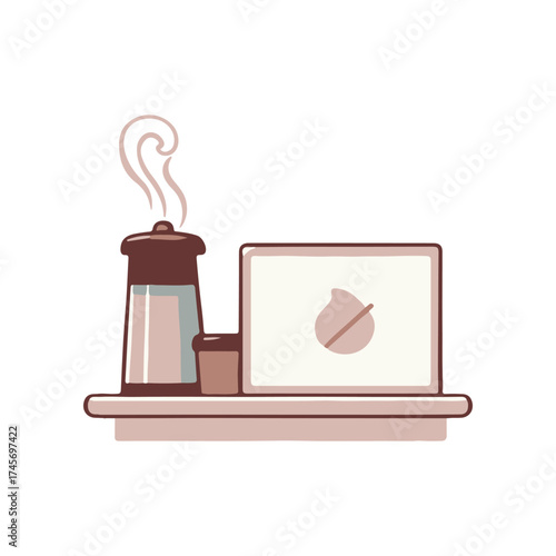 Cozy workspace with a steaming coffee pot beside a laptop on a wooden table, creating a warm atmosphere