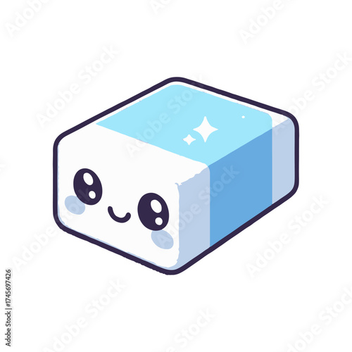 Cute animated character of a smiling soap bar with a blue top, set against a simple background