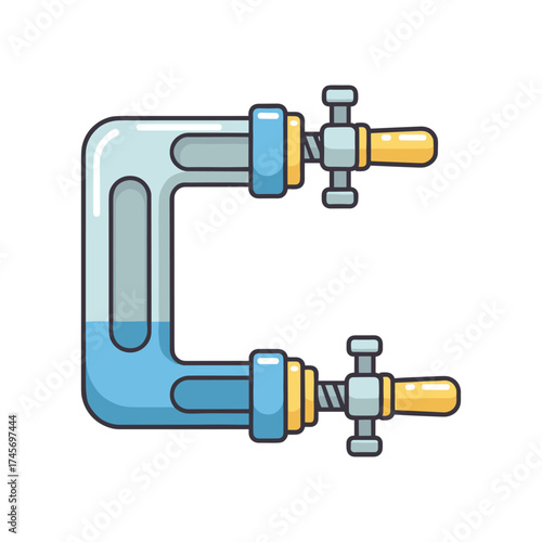 Illustration of a C-clamp tool used in woodworking, with a clean background emphasizing functionality