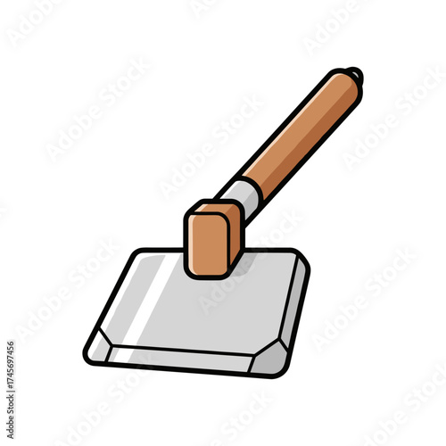 Illustration of a gardening tool with a wooden handle, designed for soil cultivation and planting