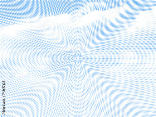 Color halftone texture of blue sky with clouds. Abstract cloud pattern vector dotted pixel texture background with copy space