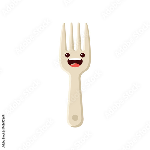Playful cartoon fork with a smiling face against a white background, ideal for children's kitchenware
