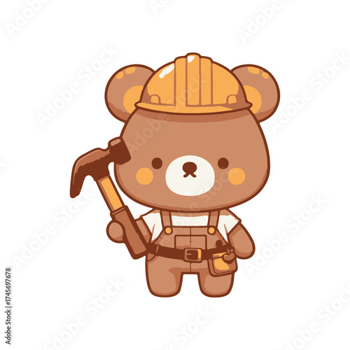 Cute cartoon bear in a construction helmet holding a hammer, set against a simple background