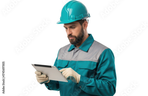 Construction worker wearing a hard hat and safety vest, holding a tablet and looking at it, isolated on transparent background