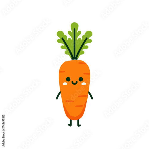 Cute cartoon carrot character standing cheerfully with green leaves on top, isolated on white background