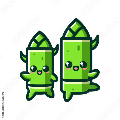 Two cheerful cartoon bamboo shoots with smiling faces, showcasing playfulness and joy