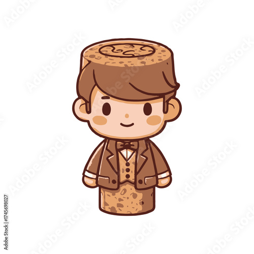 Cute cartoon character resembling a cork figure dressed in formal attire with a playful expression