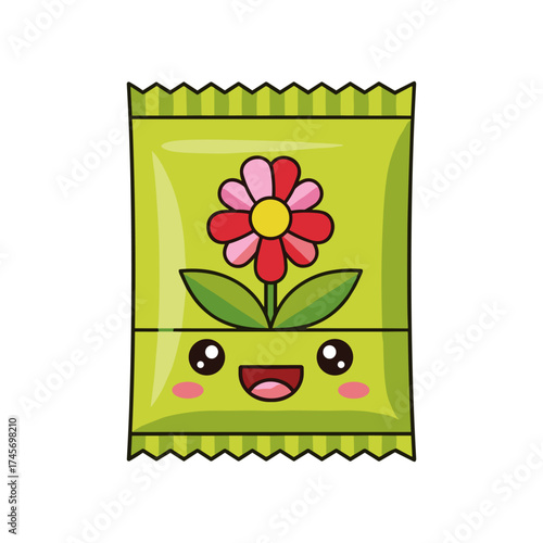 Colorful cartoon flower seed packet with a smiling face, showcasing vibrant design elements