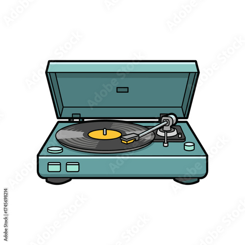 Vintage teal turntable playing a vinyl record, set against a minimalist white background