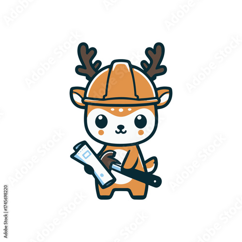 Cute cartoon deer character wearing a construction helmet, holding a wrench and a clipboard, ready for a project
