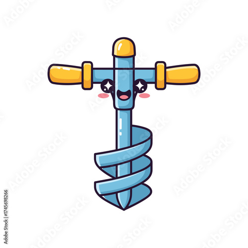 Whimsical cartoon illustration of a cheerful blue auger with yellow handles, set against a plain background