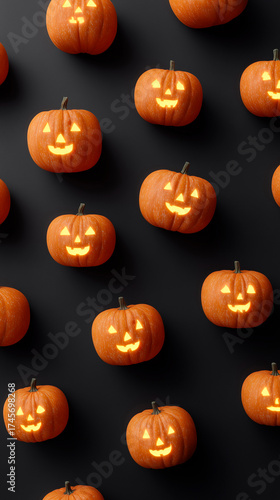 Flat lay of jack-o'-lanterns spread on black, illuminated with spooky faces.